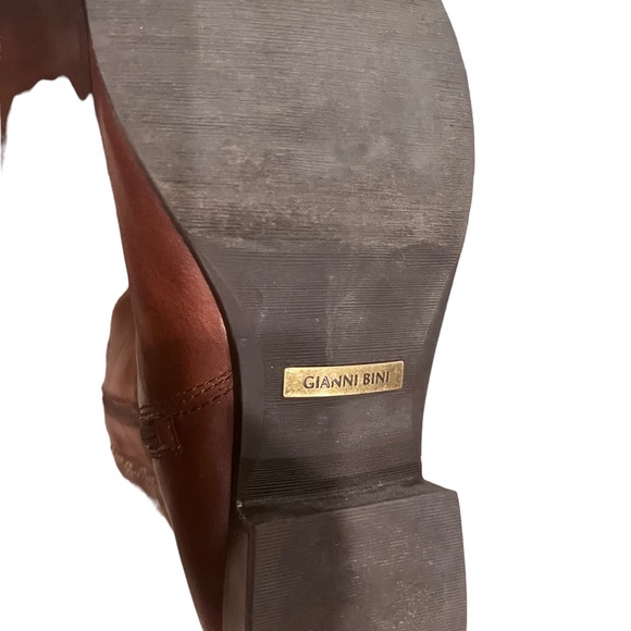 Gianni Bini Tall Brown Leather Boots Studded MotoWoven Shaft Riding Fall Style - Picture 4 of 14